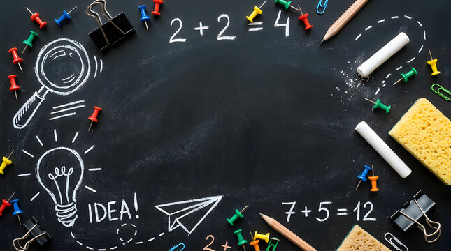 School supplies and math equations drawn with white chalk on a black chalkboard background