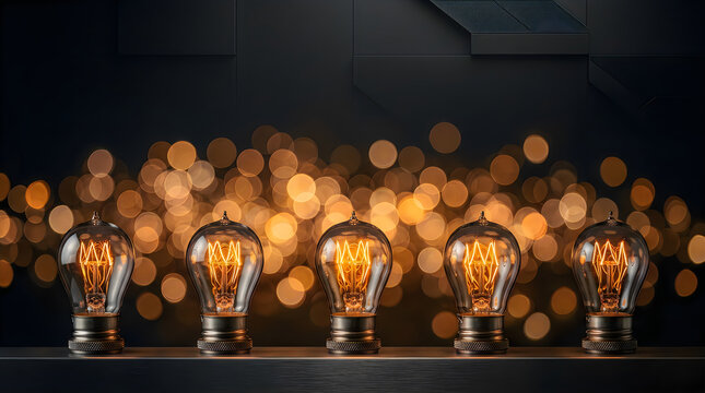 Five glowing vintage light bulbs standing in a row against a dark background with orange bokeh