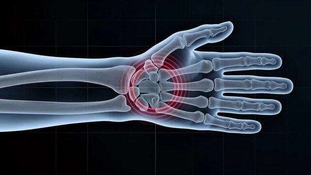 Anatomical 3D animation of a human hand skeleton highlighting inflammation and pain in the wrist joint with red glowing circles on a dark digital background