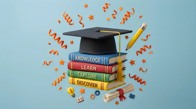 Graduation cap on a stack of colorful books with pencils and confetti for school and education