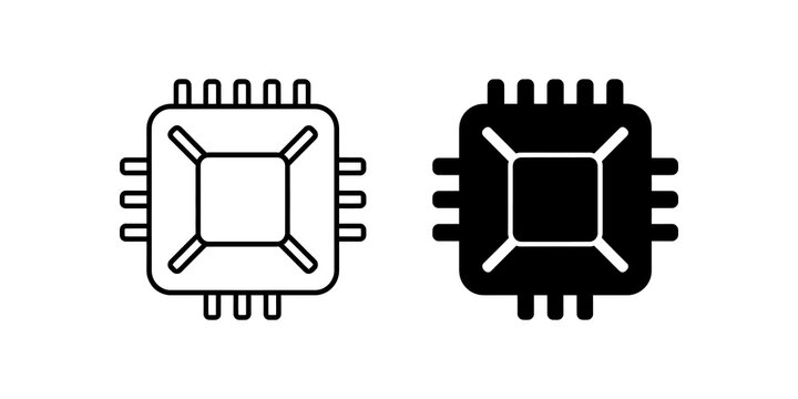 Computer processor chip icon with pins on outline and black.