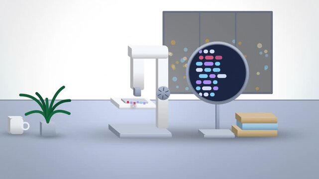 White microscope examining source code in a workshop scene wide scene