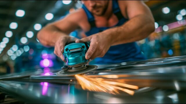 A metalworker uses an angle grinder on a metal panel, sending bright sparks across a workshop and illustrating fabrication, finishing and skilled manual work