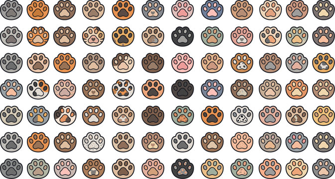 Cat paw print collection cute colorful cartoon kawaii tabby calico tortoiseshell spotted heart paw solid flat vector icons set