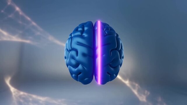 Blue brain hovering against a cloudy sky with two hemispheres centered in frontal view