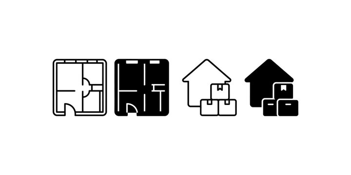 Home floor plan and moving boxes icon set for real estate.