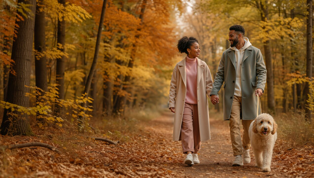 Happy African American couple walking their dog in an autumn forest. Romantic man and woman holding hands on a fall park trail. Pet ownership and lifestyle