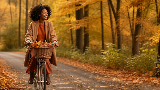Smiling young Black woman riding a bicycle in an autumn forest. African American female cyclist with a basket full of fall leaves on a park path. Healthy outdoor lifestyle