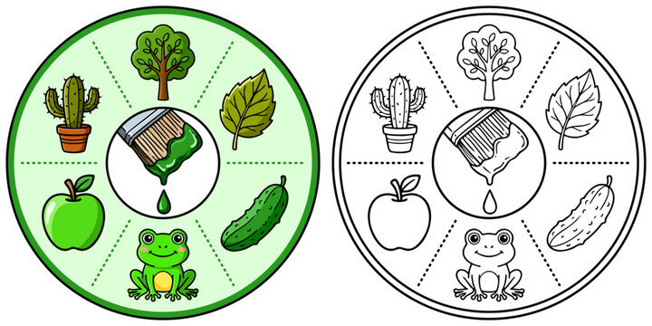 Green Color Educational Wheel with Objects and Coloring Page Version