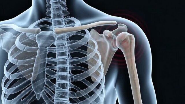 Anatomical 3D animation of a human skeleton showing a shoulder joint with pulsating red rings representing pain, inflammation, or injury