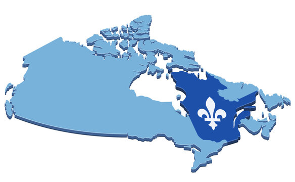 3D illustration symbolizing Quebec sovereignty, provincial autonomy, French Canadian culture, and political identity with fleur-de-lis on 3D geographic Canada map outline (cut out)