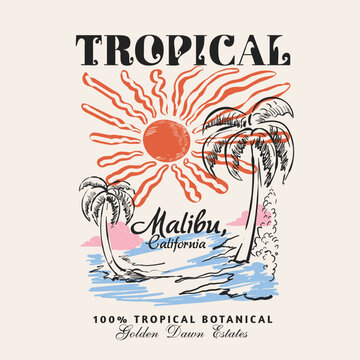 Tropical summer paradise Sunrise California Malibu hand drawing palm tree with sun ray illustration. 