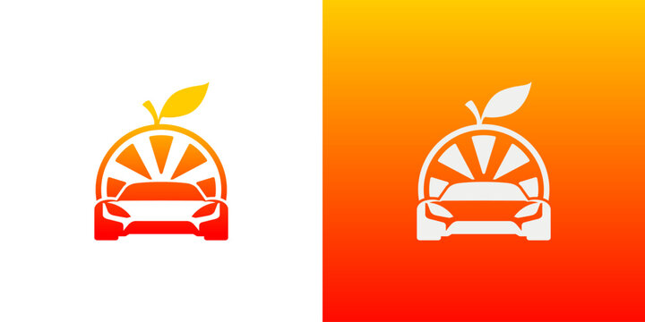 Modern creative logo design combining a sleek car silhouette and a fresh orange fruit slice with a leaf in orange gradient