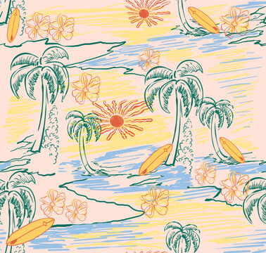 Seamless Tropical Pattern Design. Hand drawn Palm tree sun surfboard flowers. summer print design. tropical botanic pattern. palm tree vector prints. ss2028 print design. 