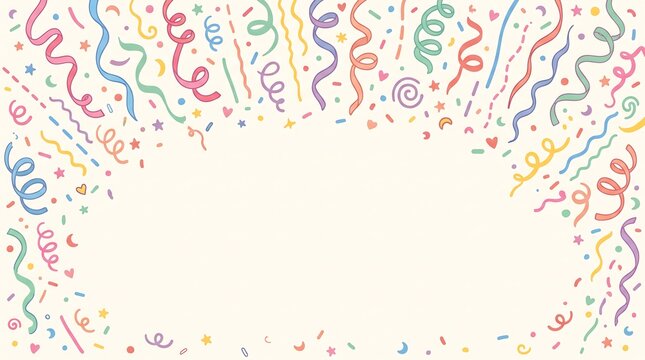 Festive party celebration background featuring colorful hand drawn streamers confetti stars and hearts arranged in a decorative arch frame for greeting cards