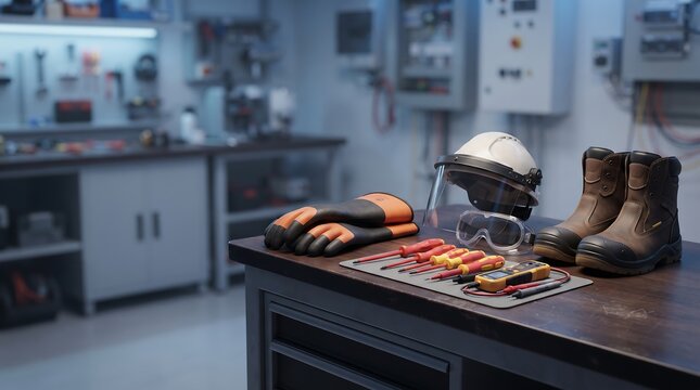 Workplace safety equipment including protective helmet gloves safety boots and electrical testing tools arranged on a wooden workbench in a workshop