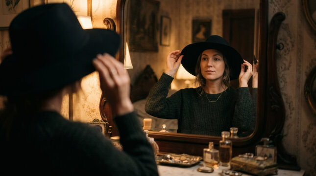 A woman tries on a black wide-brimmed hat in front of a mirror, looking at her reflection in a vintage dressing room.