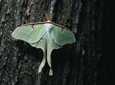 Moonlit luna moth resting on bark in a dark forest