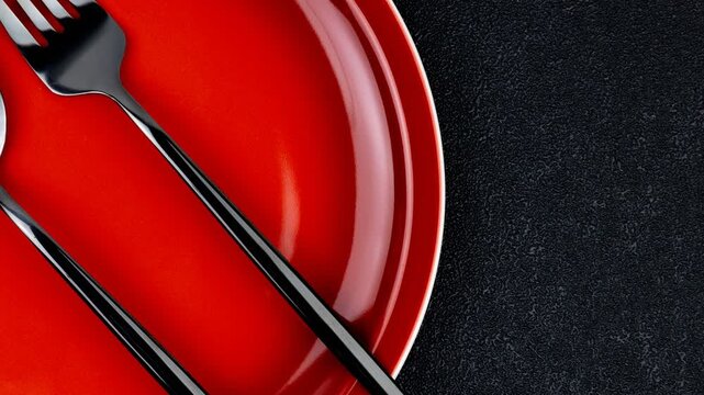 Red round plate positioned on a black textured surface, accompanied by a shiny silver spoon and fork placed neatly on the right side of the plate.