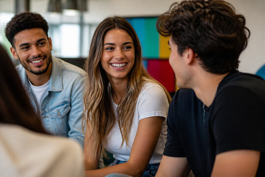 Three young adults are engaged in a friendly conversation indoors, possibly in a casual social setting.