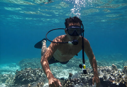 scuba diving and marine exploration, man swimming underwater with snorkel gear and fins over tropical coral reef in clear blue ocean water
