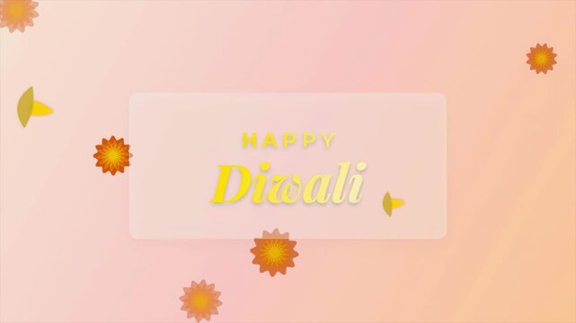 Animated golden happy diwali lettering text loop in glassmorphism panel with falling flowers and diya on soft pastel background for hindu festival holiday greeting intro, template, indian culture