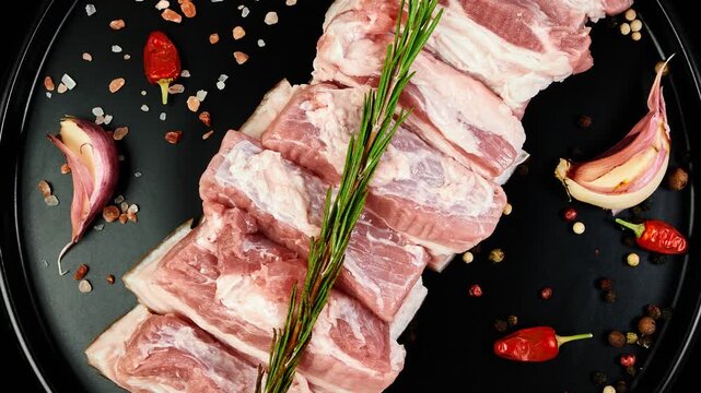 Raw pork ribs arranged on a black plate alongside garlic cloves and small red chili peppers. Whole peppercorns in various colors are scattered around, creating a contrast with the dark surface.