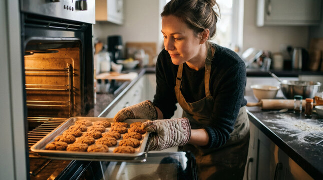 A woman wearing oven mitts carefully removes a baking sheet filled with golden brown cookies from a hot, open oven.