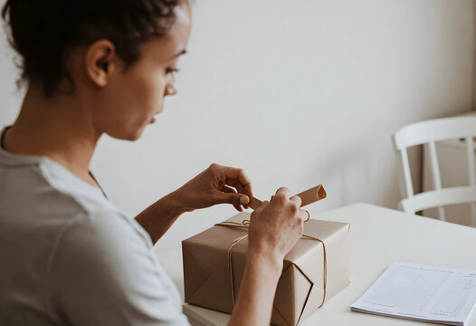 Gift wrapping and holiday preparation, woman tying twine on a brown paper parcel at home for a birthday celebration or seasonal surprise