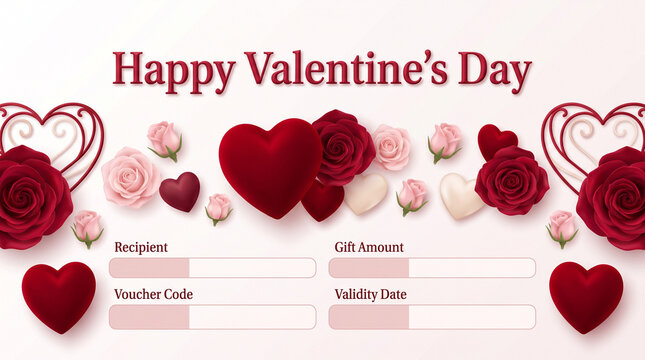 Happy Valentine's Day gift voucher coupon template with hearts and roses border, space for recipient, gift amount, voucher code, and validity date
