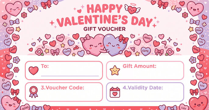 Cute Happy Valentine's Day gift voucher coupon template with cartoon hearts, sweets, and characters, fields for to, gift amount, voucher code, validity date