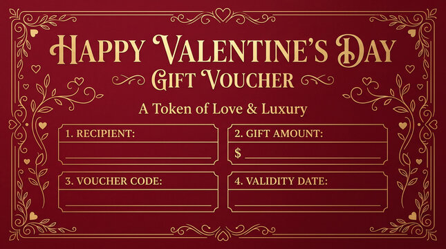 Luxurious happy valentine&rsquo;s day gift voucher in rich red and gold, with ornate borders and sections for recipient, gift amount, voucher code, and validity date