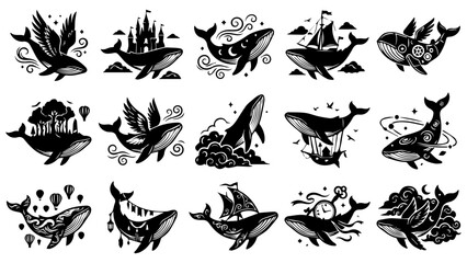 Obraz premium Set of fifteen hand drawn black and white whale icons and illustrations in a creative doodle style