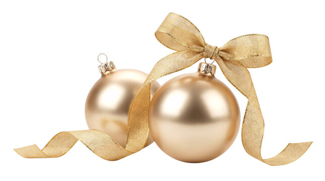 Gold christmas baubles with ribbon isolated on transparent png