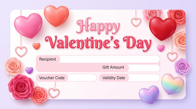 Happy valentine's day gift voucher template with colorful hearts and roses, offering fields for recipient, gift amount, voucher code, and validity date