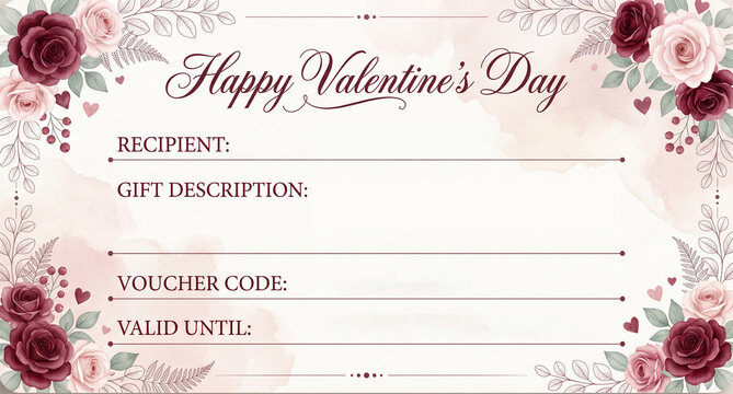 Valentine&rsquo;s day gift voucher template with elegant rose borders and soft watercolor background, blank lines for recipient, gift, code, and validity