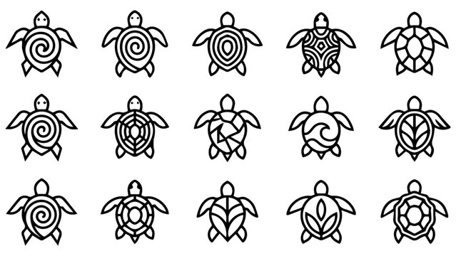 Set of fifteen different sea turtle shell pattern icons in a simple black line art style design