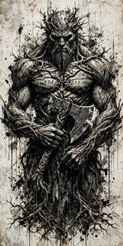 Ancient Tree Warrior God Holding Runic Axe Dark Fantasy