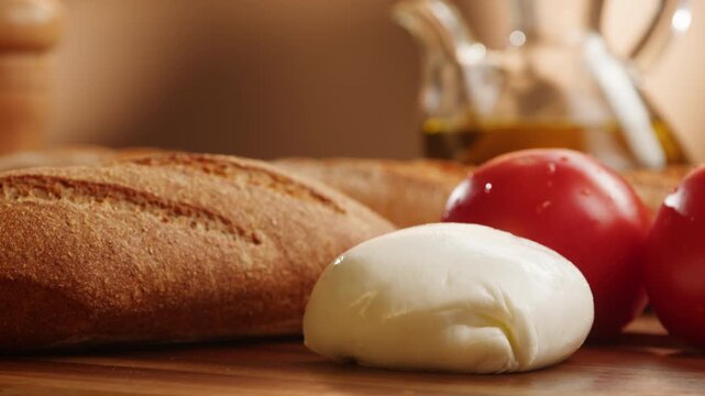 Mozzarella burrata Italian cheese close up, fresh white mozzarella ball with ripe tomatoes and baguette on wooden table, soft creamy buffalo cheese, Italian cuisine