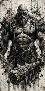 Fierce Bald Viking Warrior Chained With Braids Ink Artwork