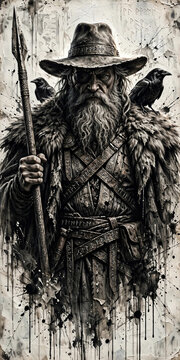 Odin Norse God with Ravens Spear and Runic Symbols