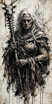 Ancient Norse Sorceress With Runic Markings Holding Bone Staff