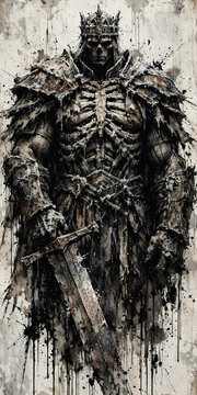 Dark Undead Skeleton King Wielding Runic Sword Dramatic Illustration
