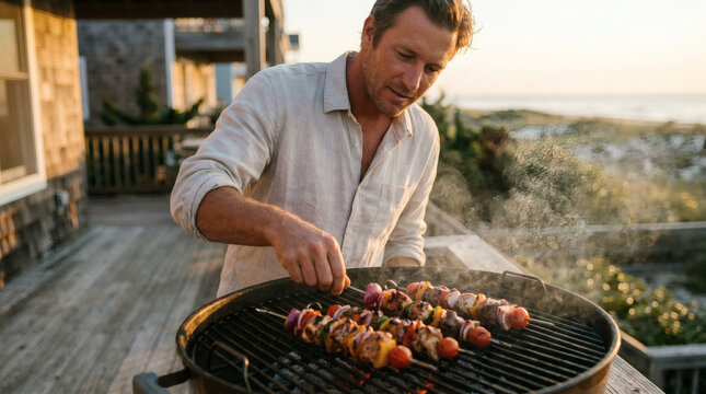 A man in a light-colored shirt carefully arranges meat and vegetable skewers on a hot grill during a sunset barbecue overlooking the ocean.