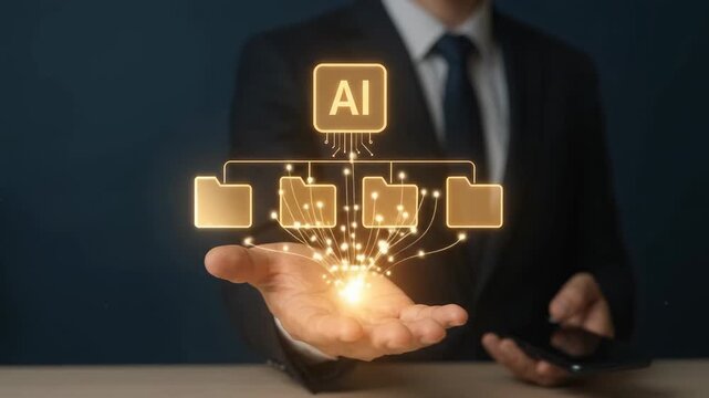 Businessman holding open hand presenting glowing AI chip connecting to organizational folder tree