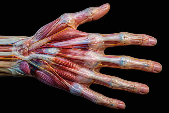 A detailed anatomical model of a human hand and wrist is displayed against a black background.