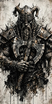 Fierce Viking Warrior Holding Battle Axe in Dark Ink Art