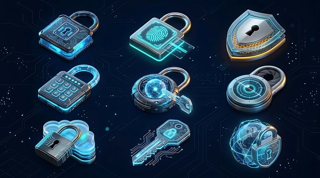 Modern digital security icons featuring various lock designs and technology elements