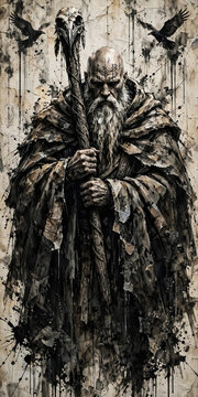 Ancient Norse Shaman Elder Holds Runic Staff With Ravens