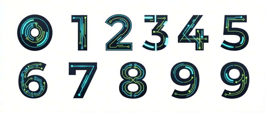 Futuristic neon circuit numerals from zero to nine arranged in two rows on white